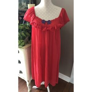 Vtg. 80's KELLY REED Red Embroidered SS Silky Night Gown Plus Size 26W Or 4X
